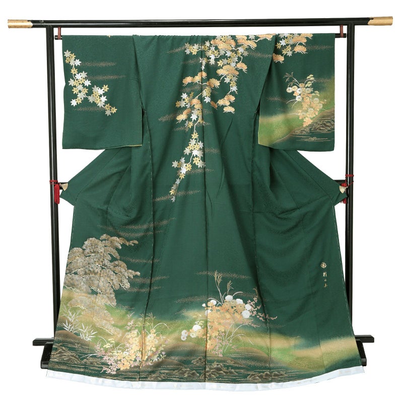未仕立て 訪問着 単品 桂由美 「深緑色　松、菊に水辺文」 正絹 着物 仮絵羽 ブランド訪問着 七五三 入学式 卒業式 卒園式 結婚式 お宮参り 母 ママ