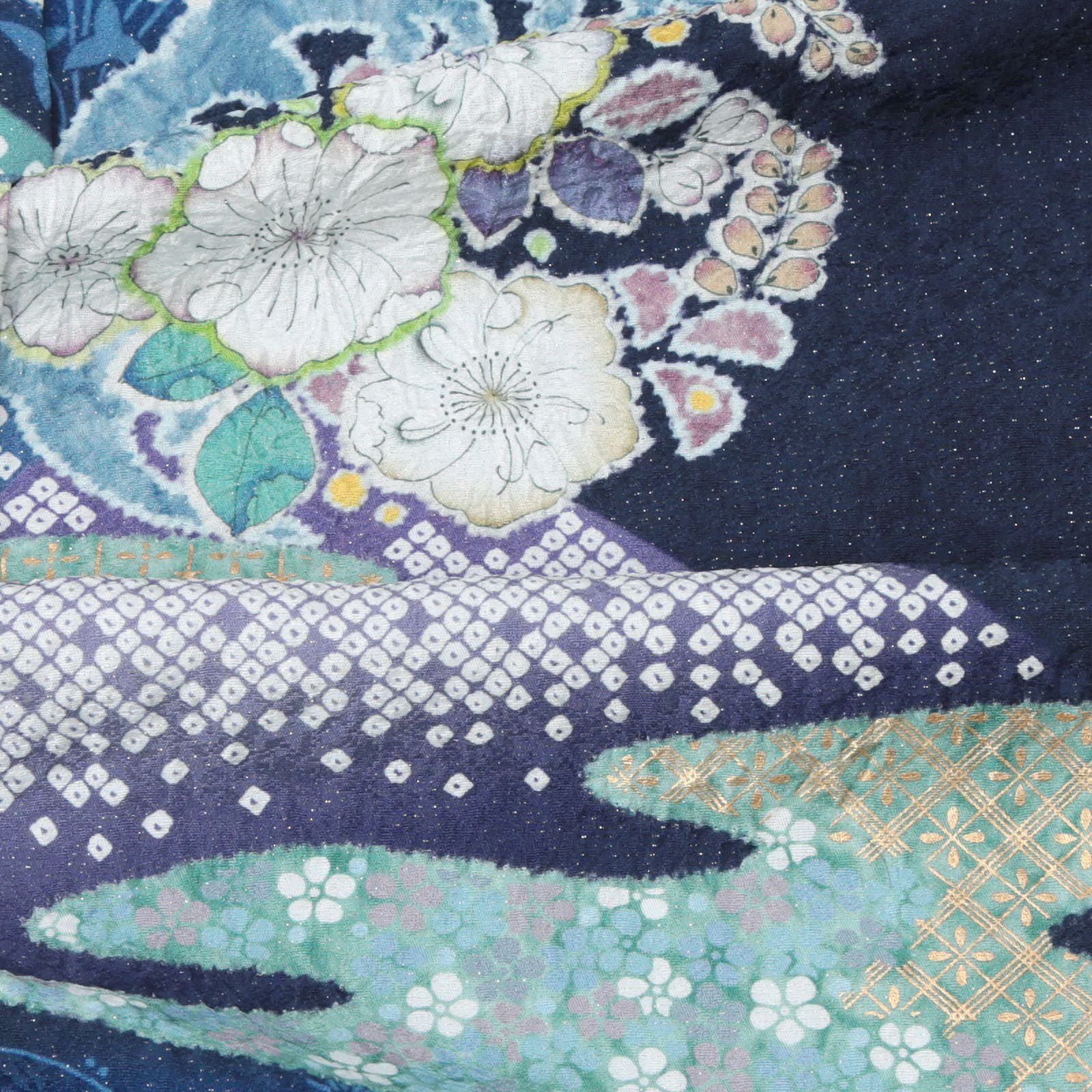 未仕立て 訪問着 単品 桂由美 「紺桔梗 辻が花模様」 正絹 着物 仮絵羽