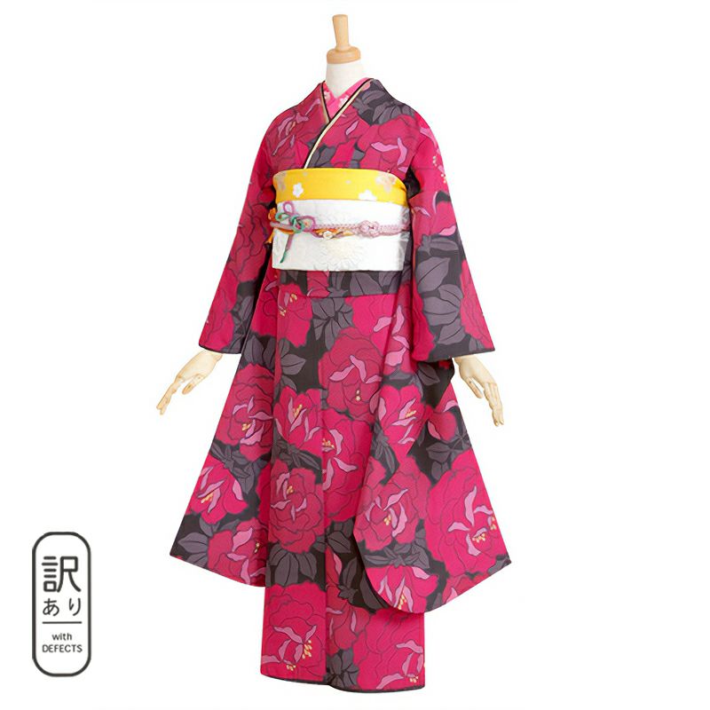 【訳アリ】【中古品】仕立て上がり 振袖 単品「黒×ピンク　薔薇」貸衣装処分 レンタル処分品