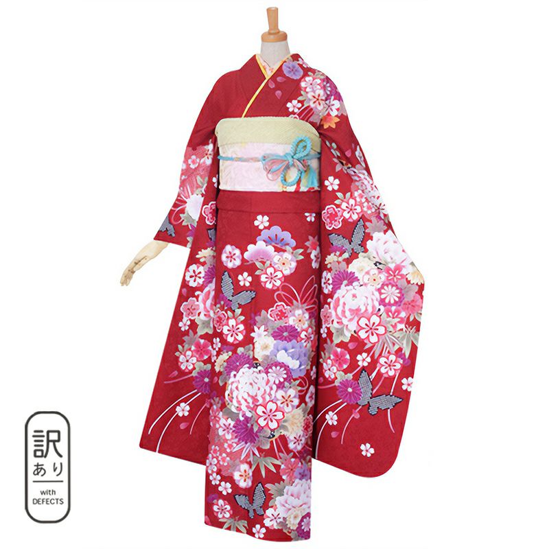 【訳アリ】【中古品】仕立て上がり 振袖 単品「赤　雪輪に薬玉文と蝶」貸衣装処分 レンタル処分品