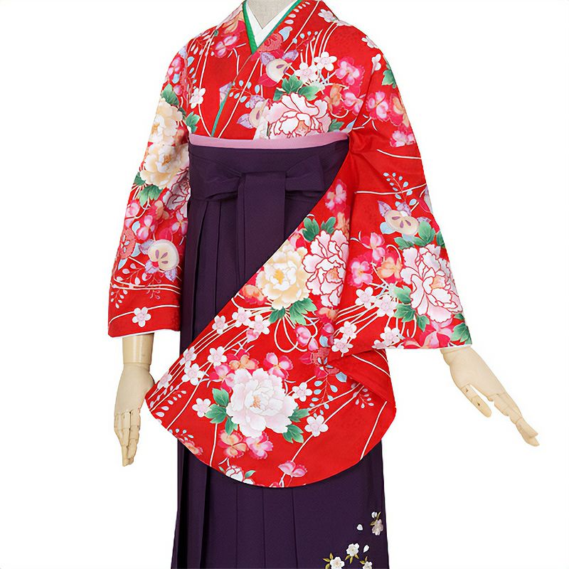 【中古品】二尺袖 単品「赤　牡丹と橘」貸衣装処分 レンタル処分品 卒業式