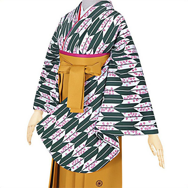 【中古品】二尺袖 単品「緑×白　矢羽根に小桜」貸衣装処分 レンタル処分品 卒業式