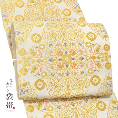 礼装向け 袋帯 単品 お仕立て上がり「白 銀杏菱に梅菊桐文」フォーマル 