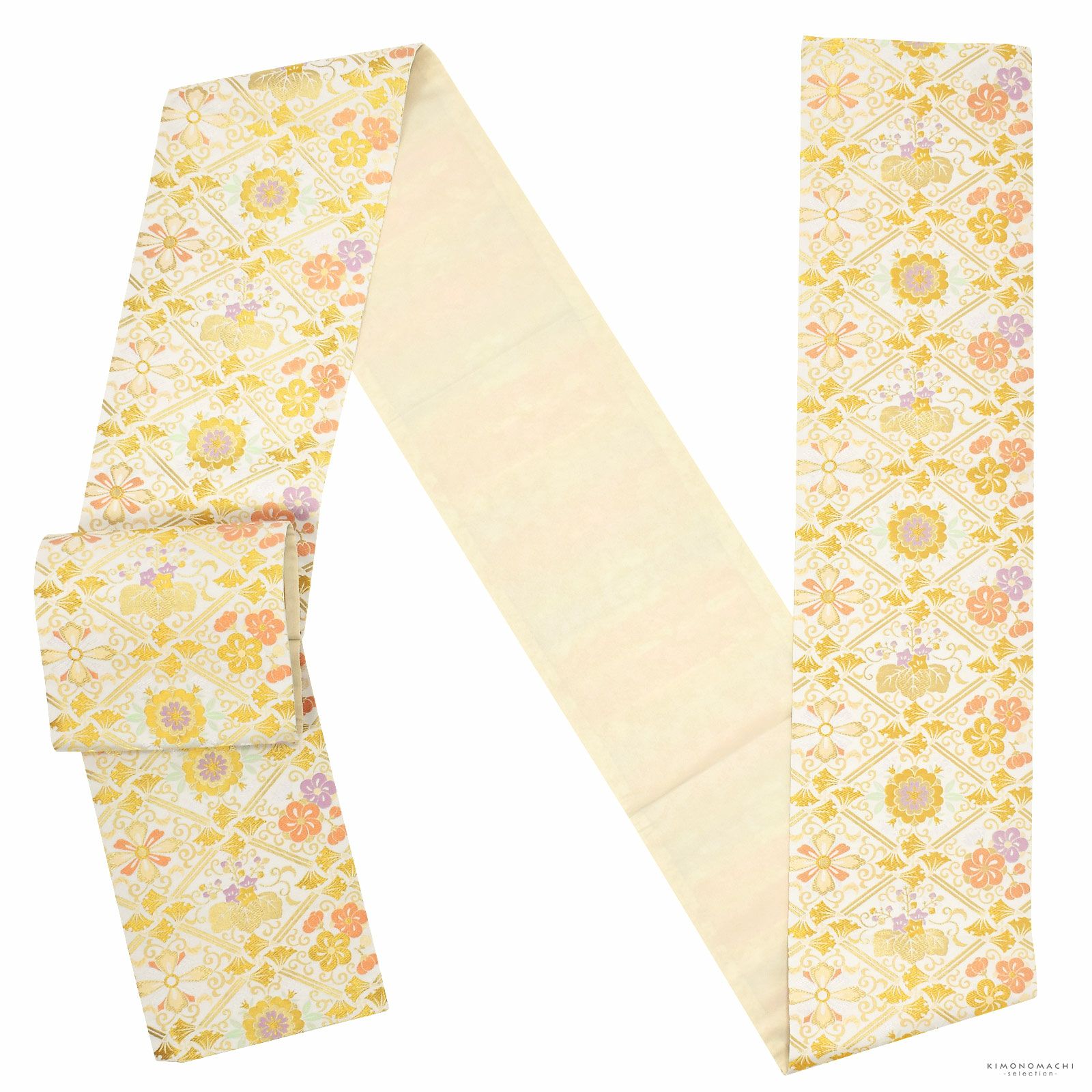 礼装向け 袋帯 単品 お仕立て上がり「白 銀杏菱に梅菊桐文」フォーマル