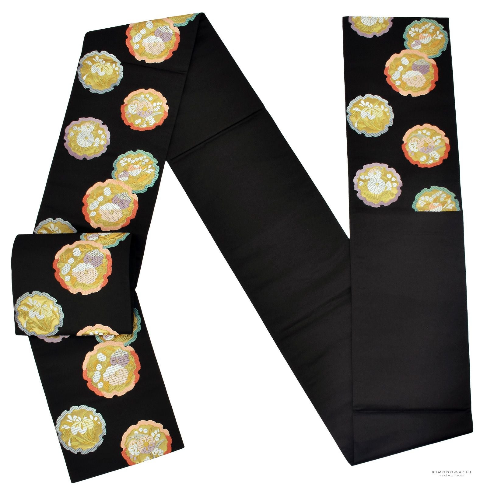 西陣織 袋帯 単品 お仕立て上がり「黒色 雪輪花飾文」（株）白寿苑