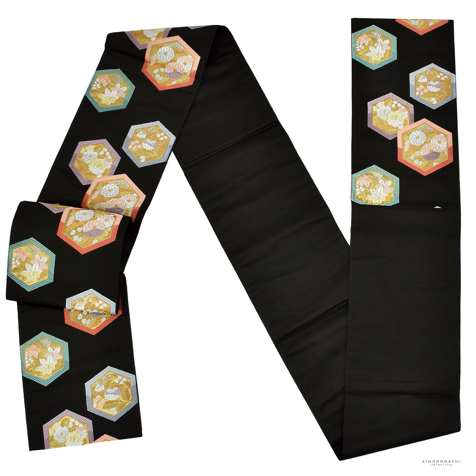 西陣織 袋帯 単品 お仕立て上がり「黒色 亀甲花宴文」（株）白寿苑