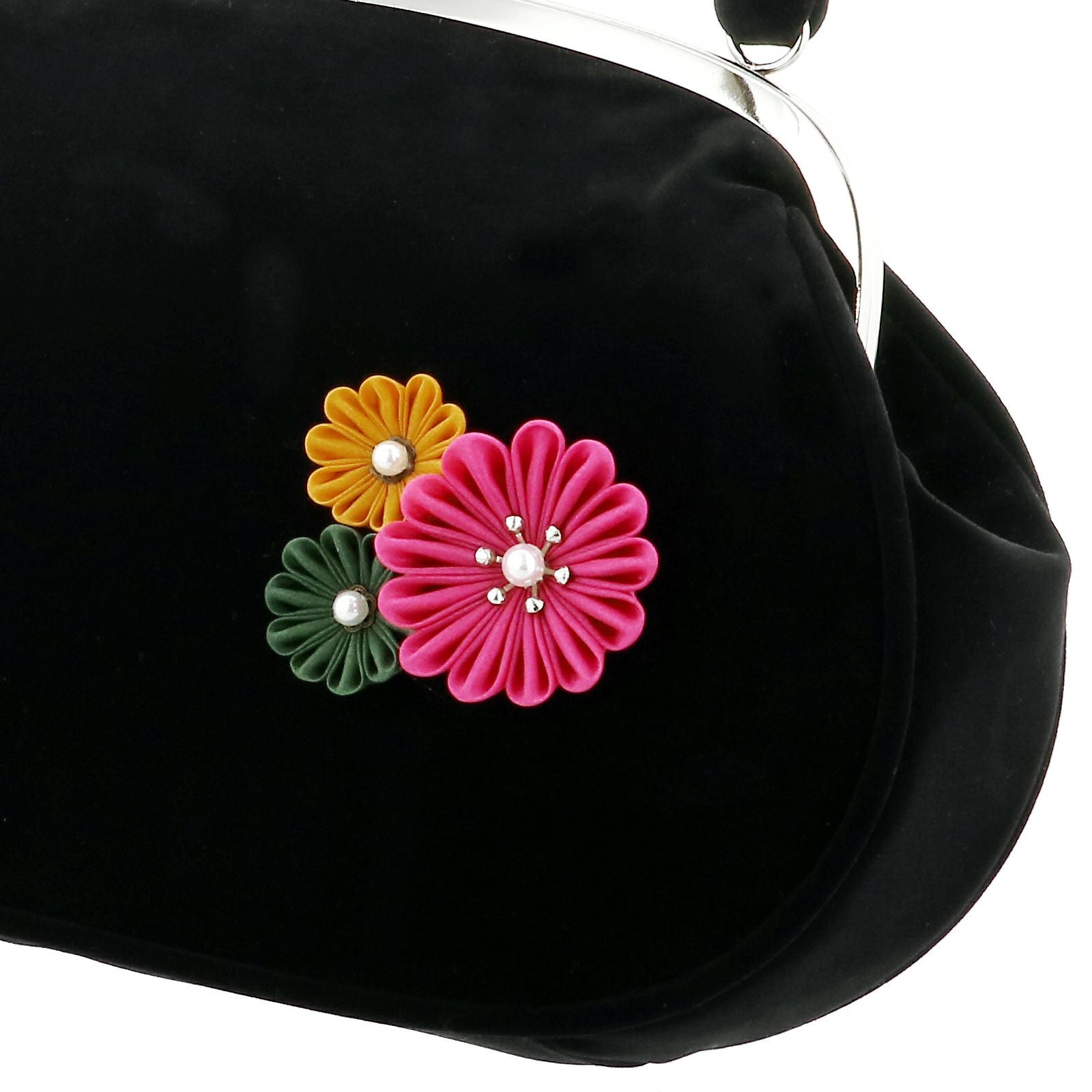 振袖 草履バッグセット「つまみのお花 黒」Fサイズ 振袖草履バッグ