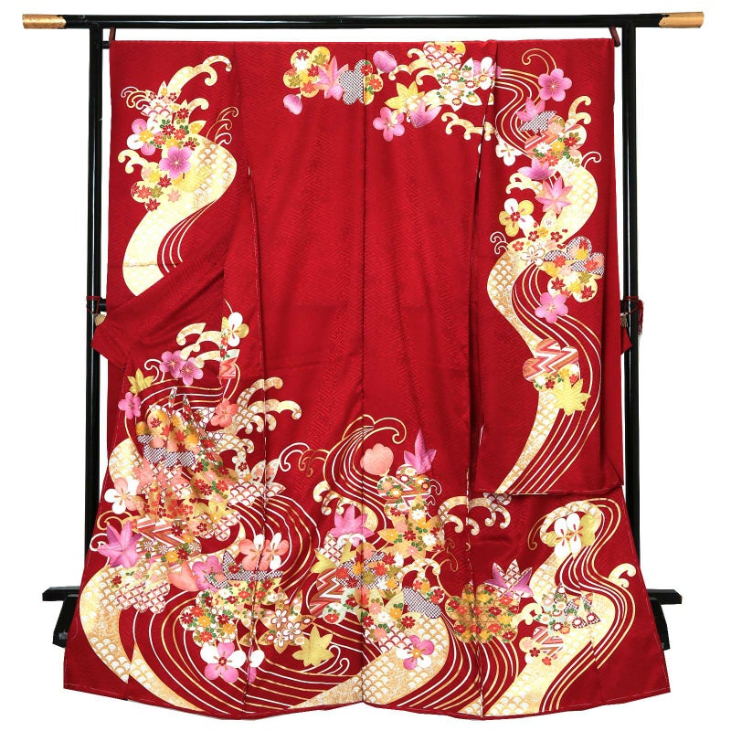未仕立て 振袖 単品「赤紅　流水に梅、楓」日本製 仮絵羽 振り袖 正絹 着物 レディース 成人式 結婚式 結納 パーティー 晴れ着