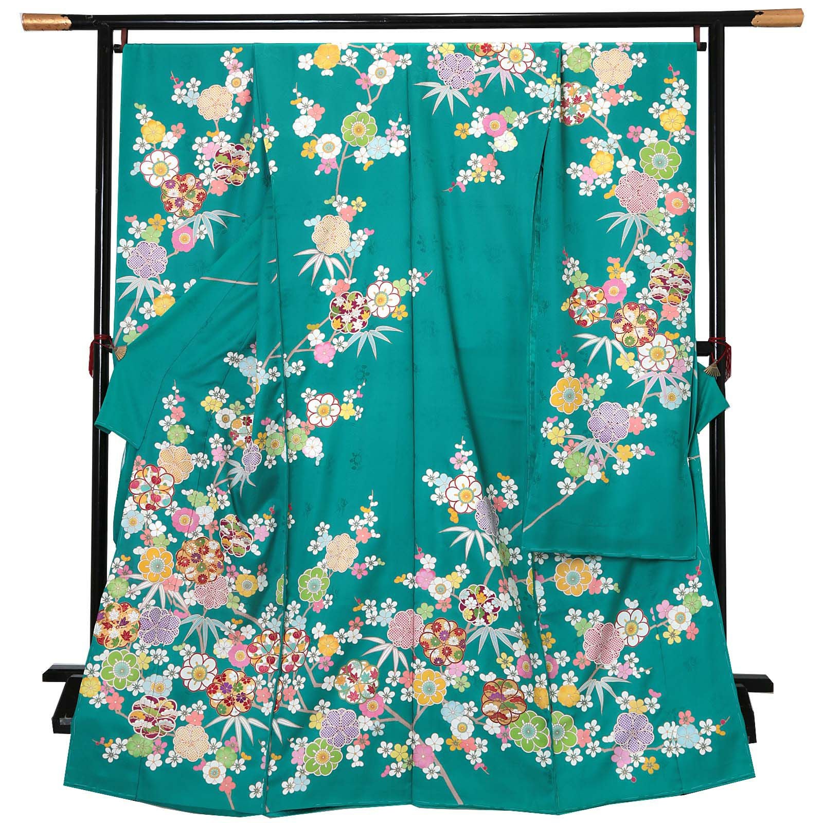 卒業式応援Point10倍 3/5迄)未仕立て 振袖 単品「青緑 八重梅に竹