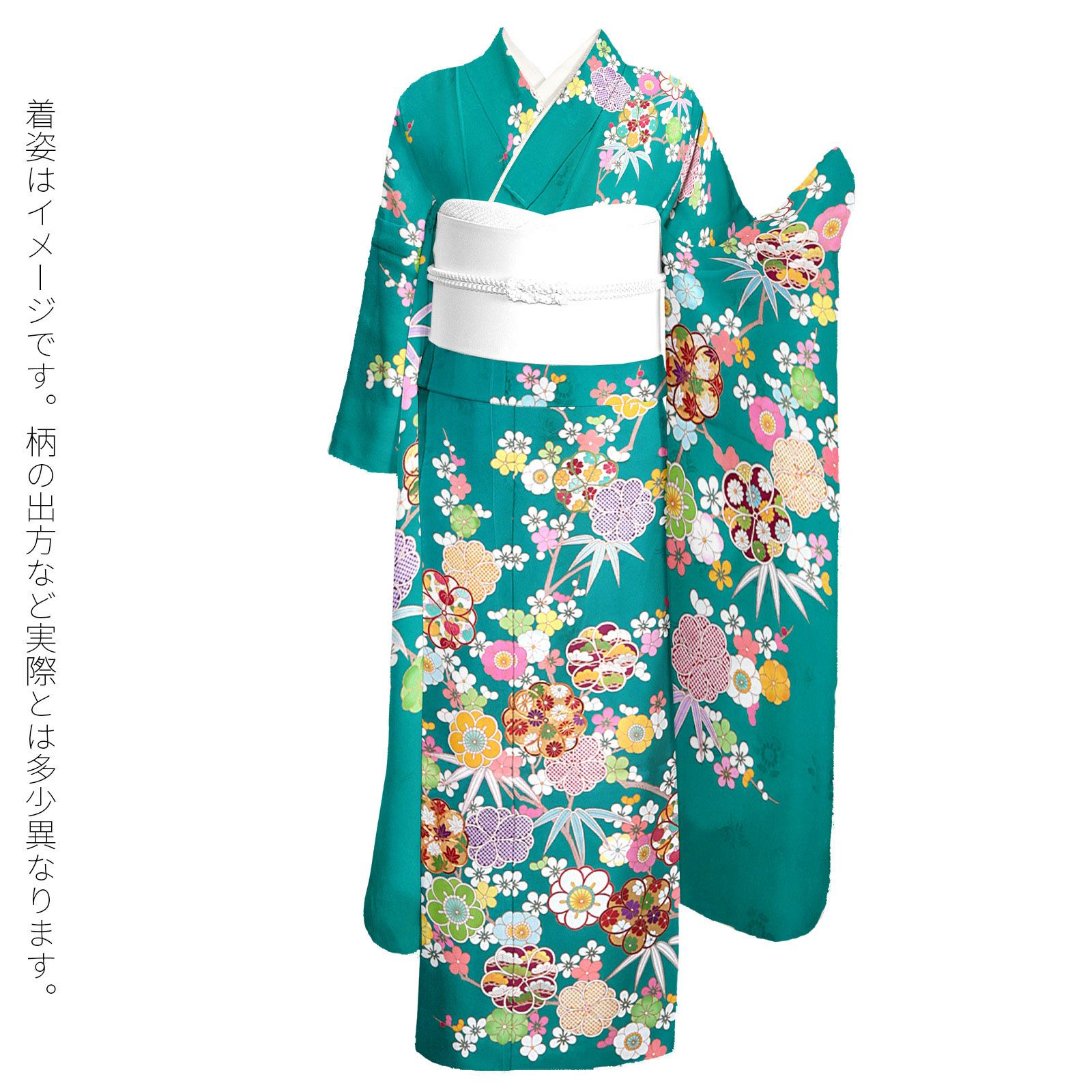 振袖 正絹 新品 着物単品 濃青緑色 仕立て上がり NO29801 未仕立て 振袖 単品「青緑 八重梅に竹」日本製 仮絵羽 振り袖 正絹