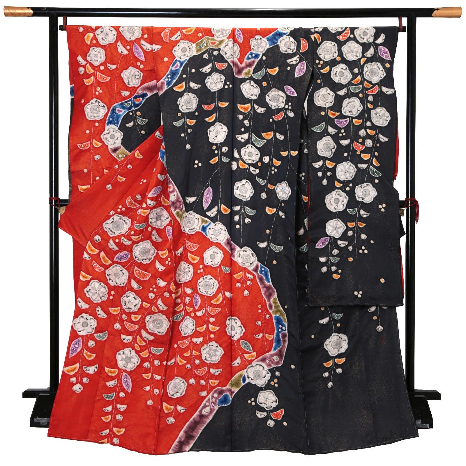 未仕立て 振袖 単品「朱色×黒　枝垂れ、辻が花」日本製 仮絵羽 振り袖 正絹 着物 レディース 成人式 結婚式 結納 パーティー 晴れ着