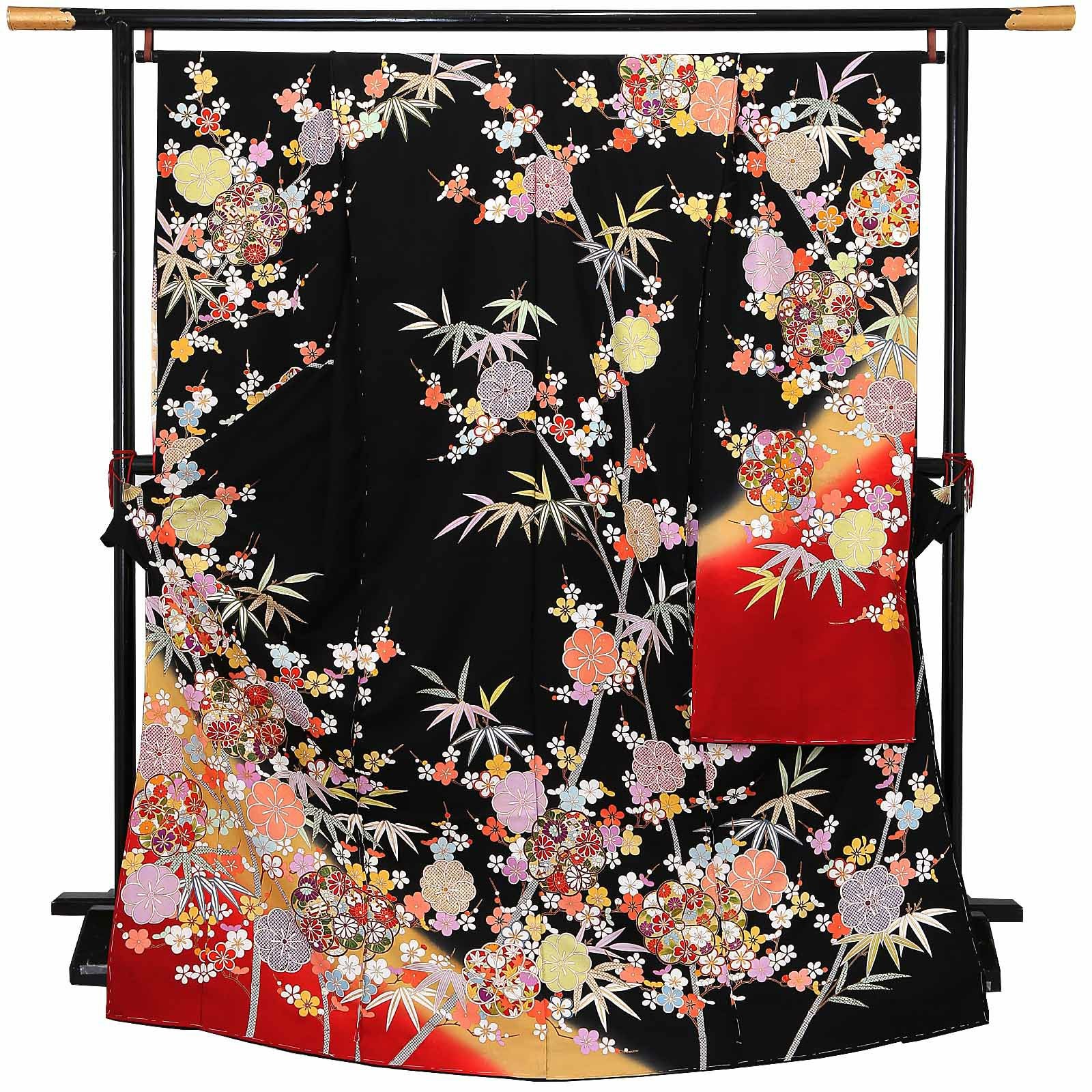 卒業式応援Point10倍 3/5迄)未仕立て 振袖 単品「黒地 八重梅に竹