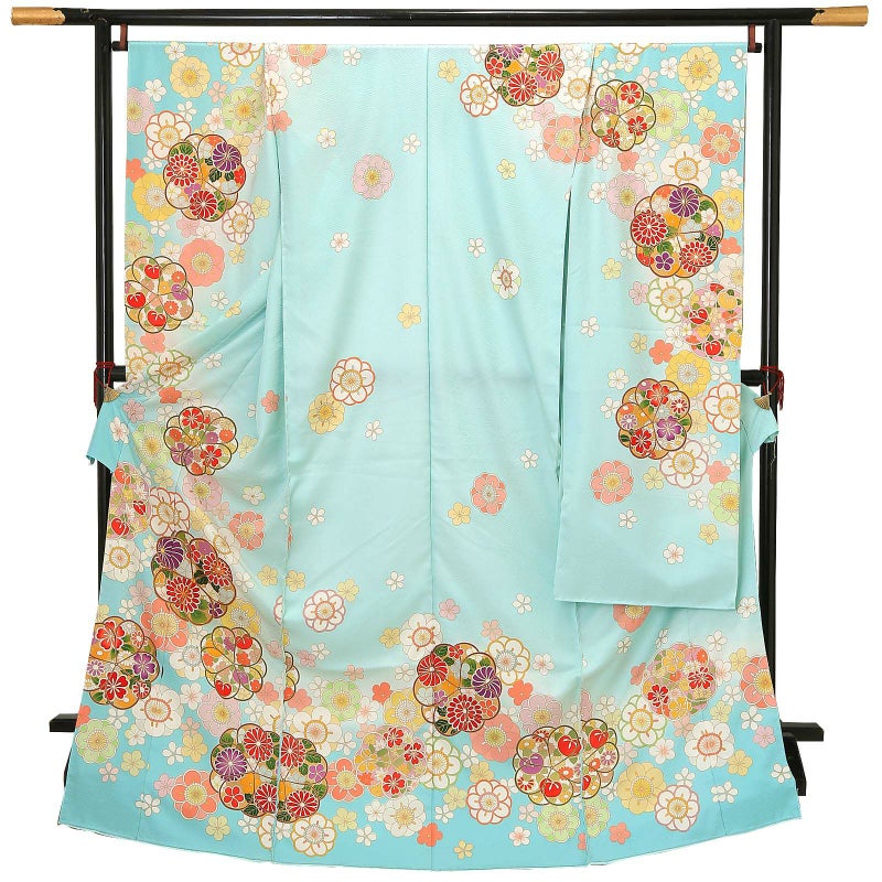 未仕立て 振袖 単品「水色　八重梅」日本製 仮絵羽 振り袖 正絹 着物 レディース 成人式 結婚式 結納 パーティー 晴れ着