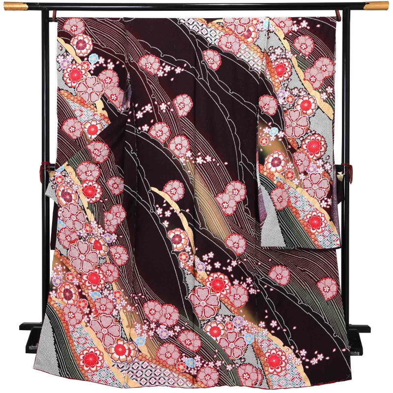 未仕立て 振袖 単品「暗紫色　雪芝取りに花紋」日本製 仮絵羽 振り袖 正絹 着物 レディース 成人式 結婚式 結納 パーティー 晴れ着