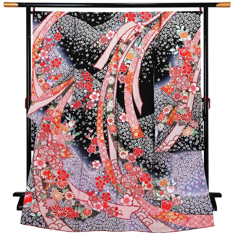 未仕立て 振袖 単品「黒地　小桜に蔓帯」日本製 仮絵羽 振り袖 正絹 着物 レディース 成人式 結婚式 結納 パーティー 晴れ着