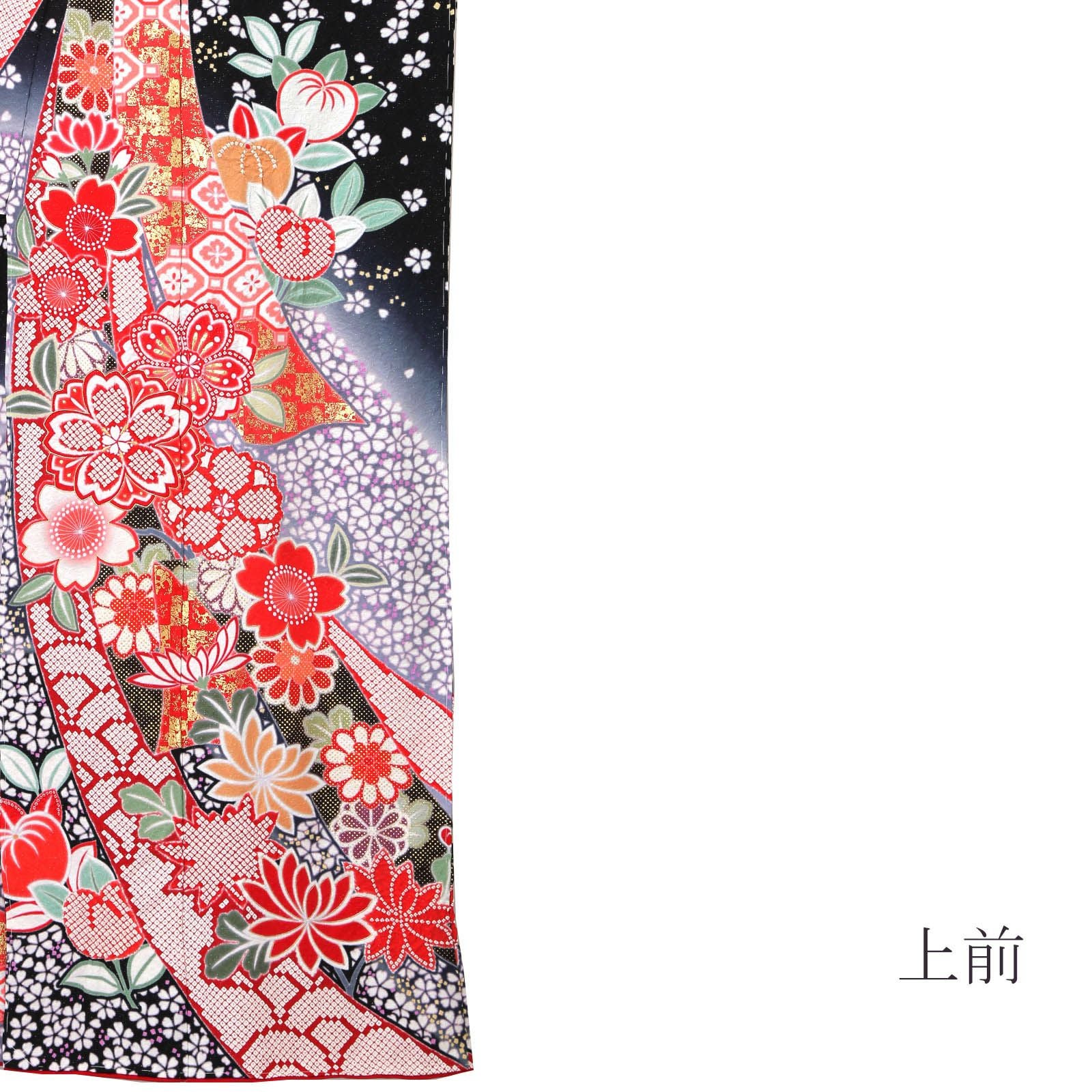 未仕立て 振袖 単品「黒地 小桜に蔓帯」日本製 仮絵羽 振り袖 正絹