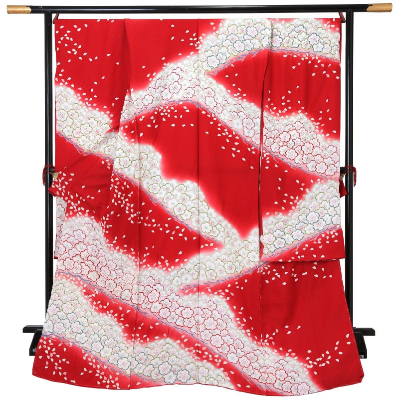 未仕立て 振袖 単品「赤紅色　笠松取り、桜」日本製 仮絵羽 振り袖 正絹 着物 レディース 成人式 結婚式 結納 パーティー 晴れ着