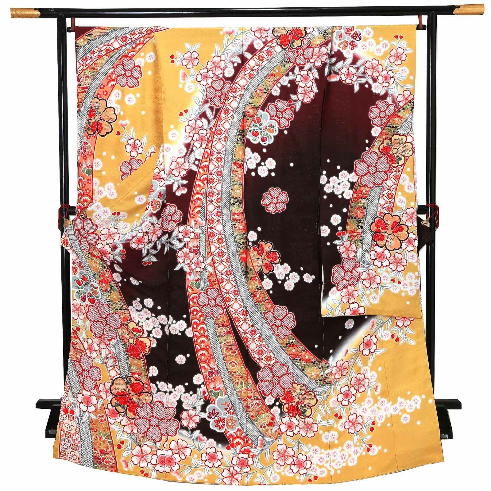 未仕立て 振袖 単品「芥子色×えび茶色 熨斗に枝桜」日本製 仮絵羽