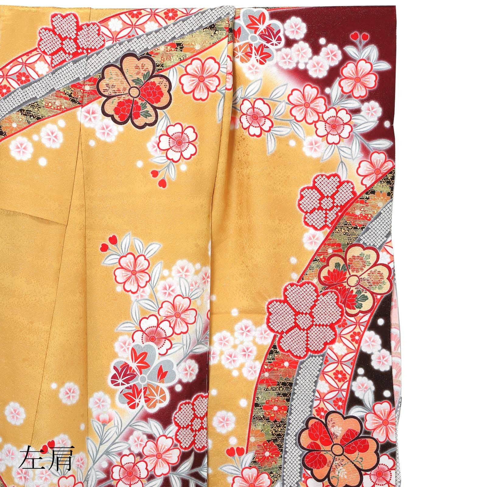 未仕立て 振袖 単品「芥子色×えび茶色 熨斗に枝桜」日本製 仮絵羽