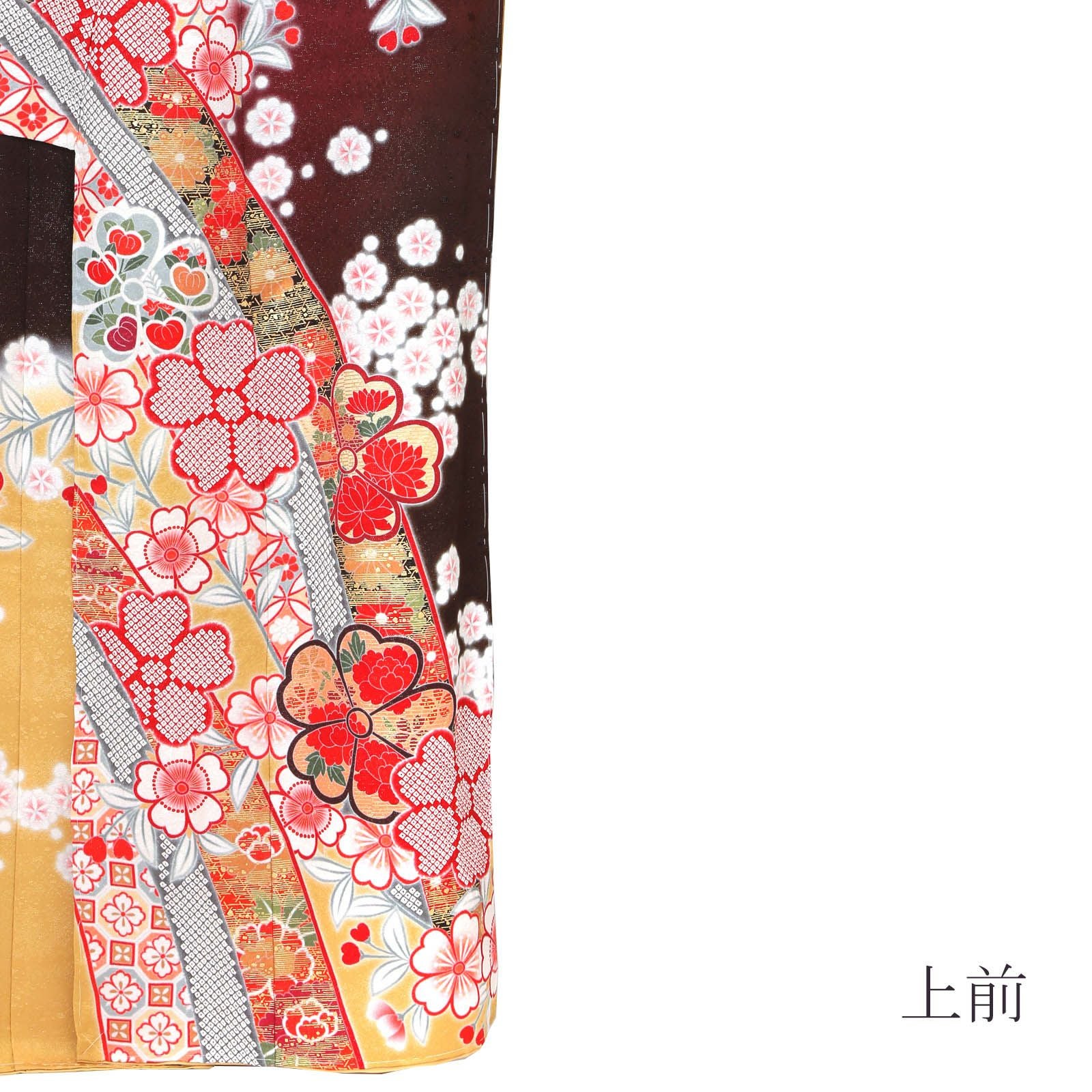 未仕立て 振袖 単品「芥子色×えび茶色 熨斗に枝桜」日本製 仮絵羽