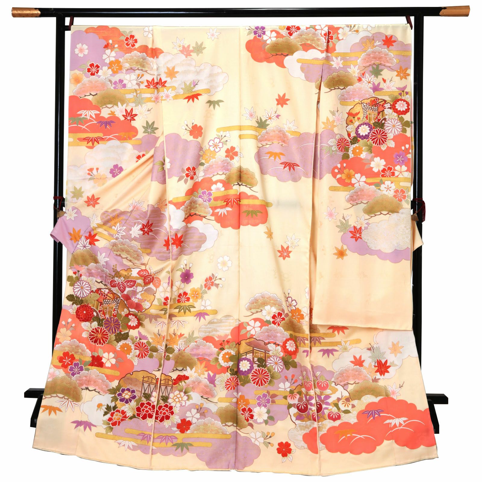 未仕立て 振袖 単品「たまご色　雲に花紋、雪輪に御所車」日本製 仮絵羽 振り袖 正絹 着物 レディース 成人式 結婚式 結納 パーティー 晴れ着