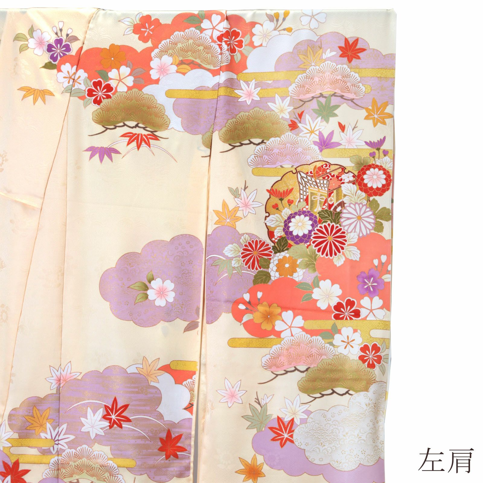 Mayu 【TAMA屋】正絹 振袖 仮絵羽 まとめ売り5点 TM2156 未仕立て 振袖 単品「たまご色 雲に花紋、雪輪に御所車」日本製 仮絵羽
