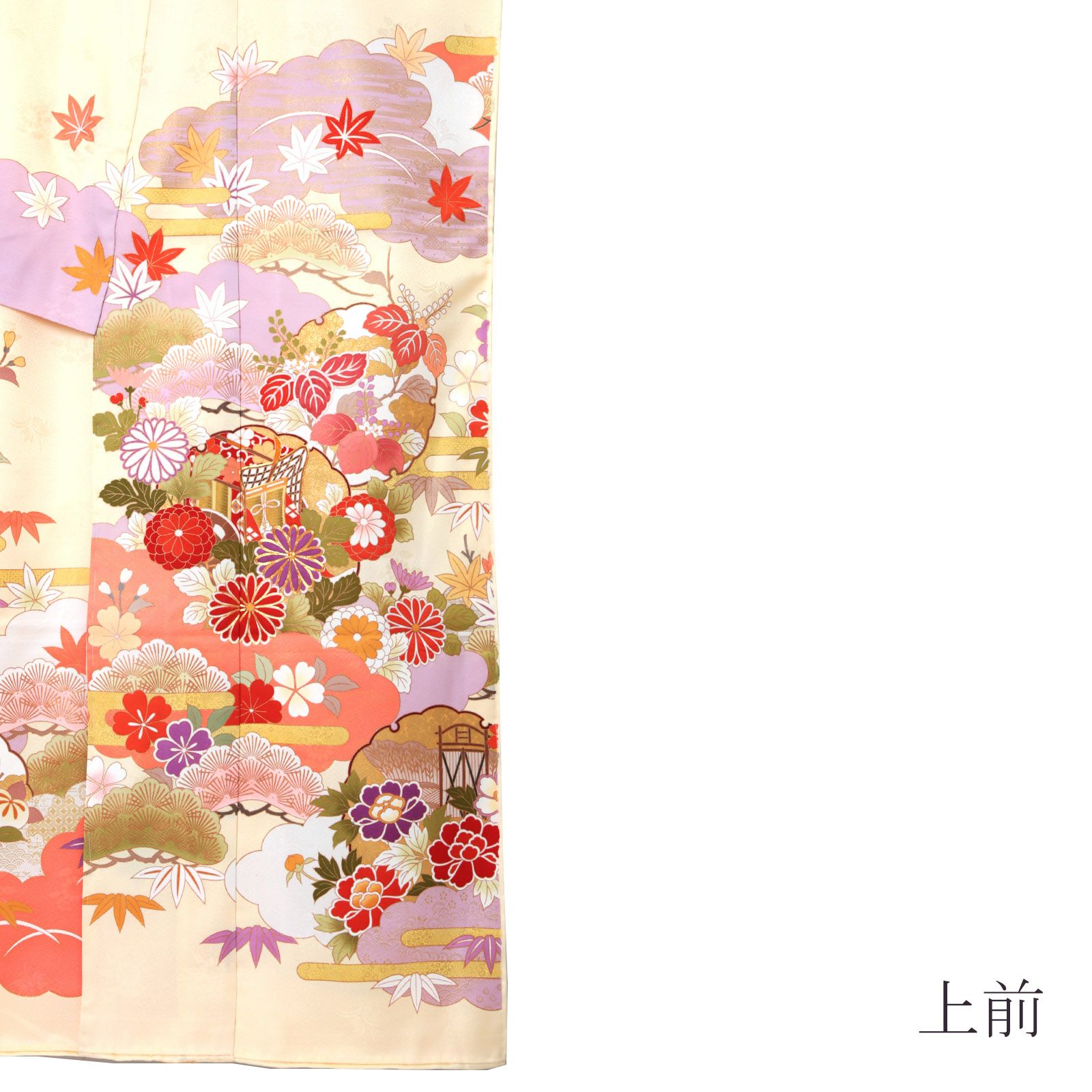 未仕立て 振袖 単品「たまご色 雲に花紋、雪輪に御所車」日本製 仮絵羽