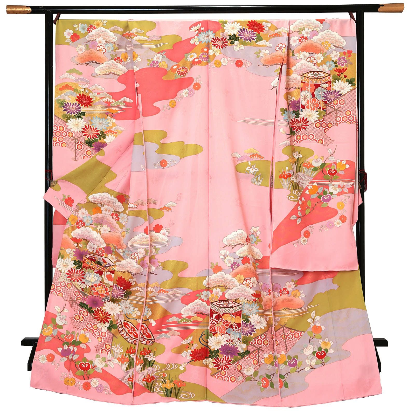 未仕立て 振袖 単品「ピンク色 霞に松、菊、貝桶」日本製 仮絵羽