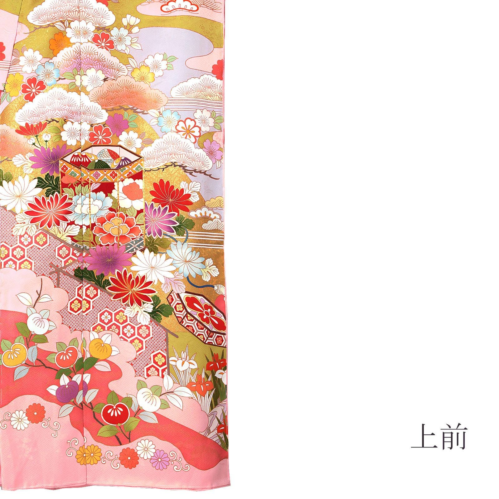 未仕立て 振袖 単品「ピンク色 霞に松、菊、貝桶」日本製 仮絵羽