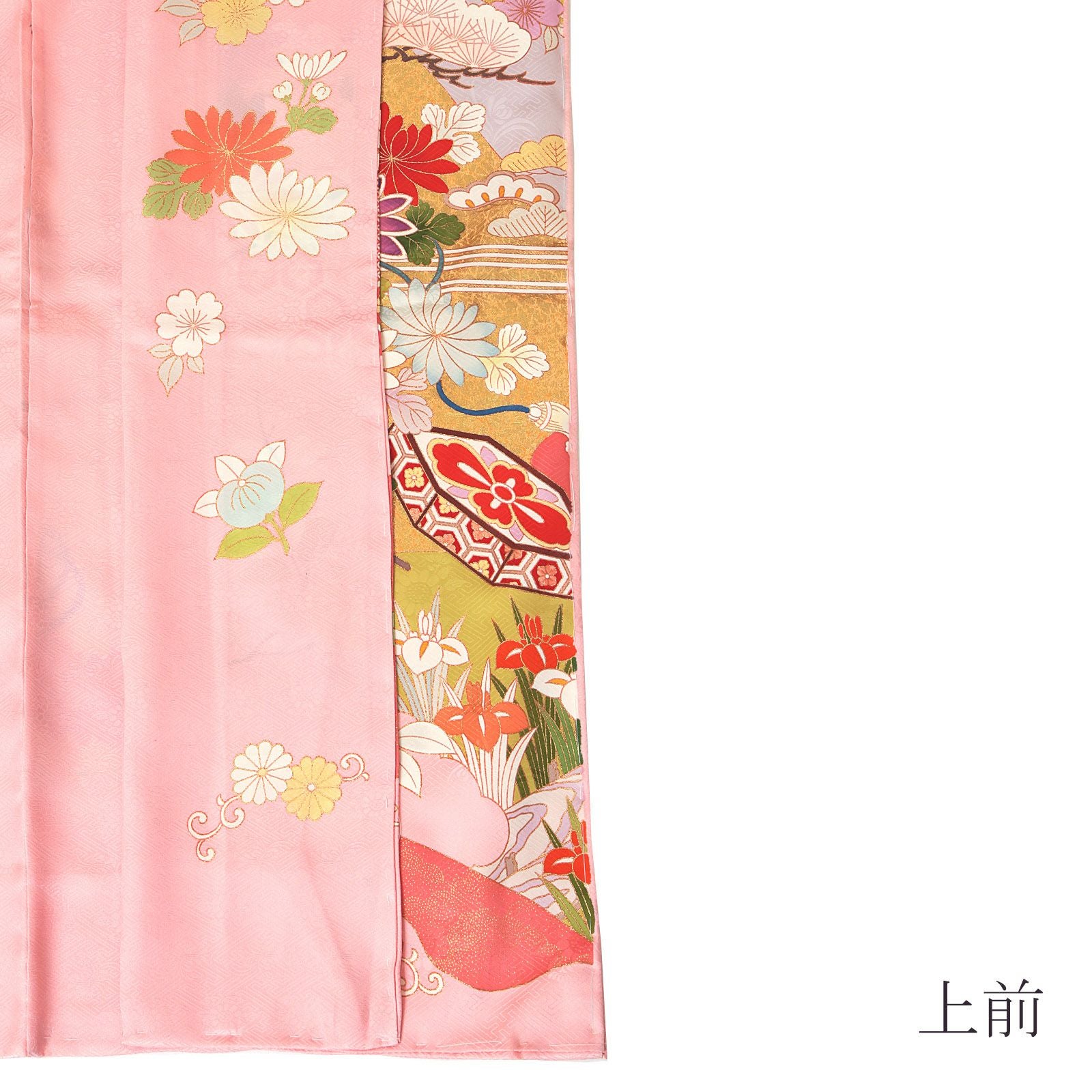 未仕立て 振袖 単品「ピンク色 霞に松、菊、貝桶」日本製 仮絵羽