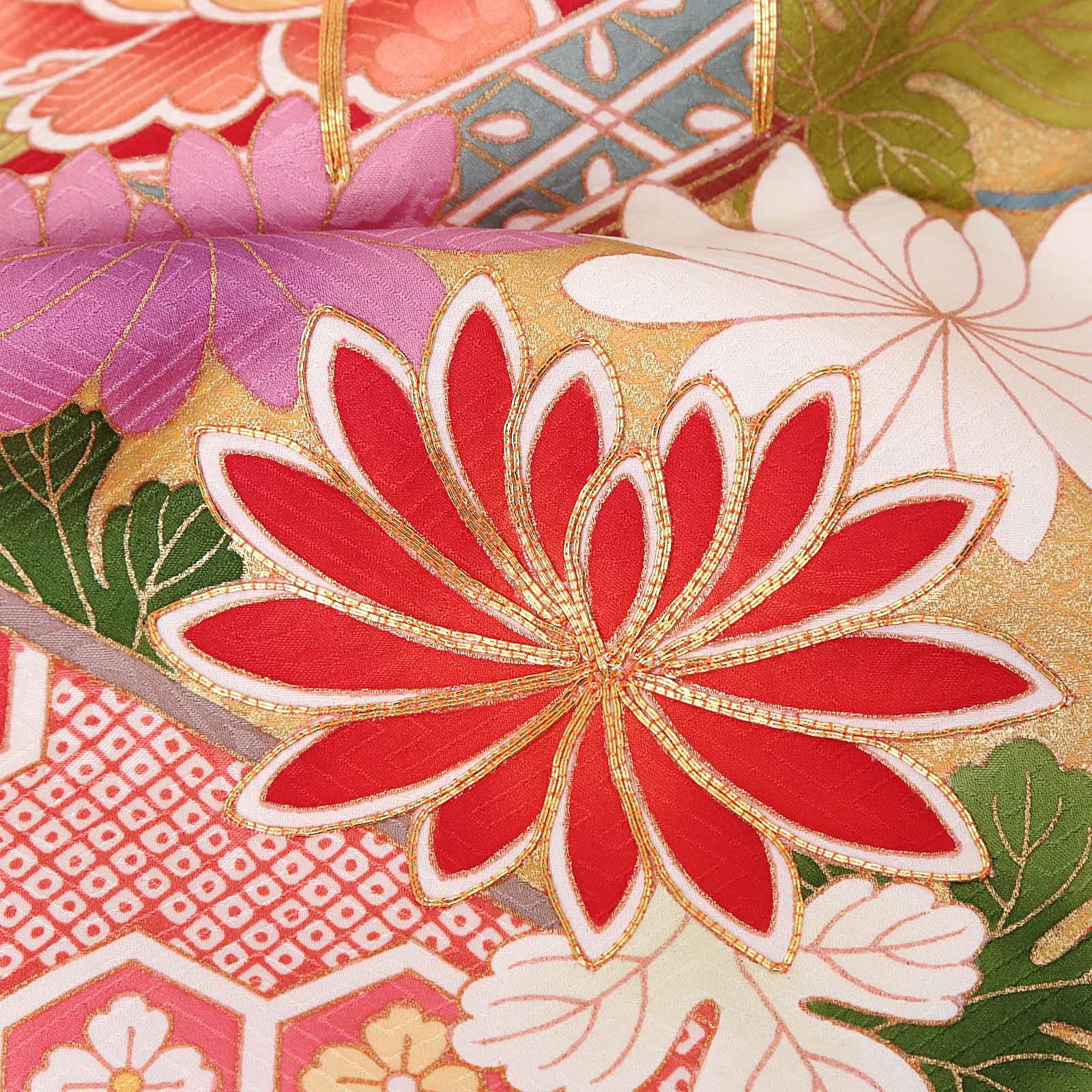 未仕立て 振袖 単品「ピンク色 霞に松、菊、貝桶」日本製 仮絵羽