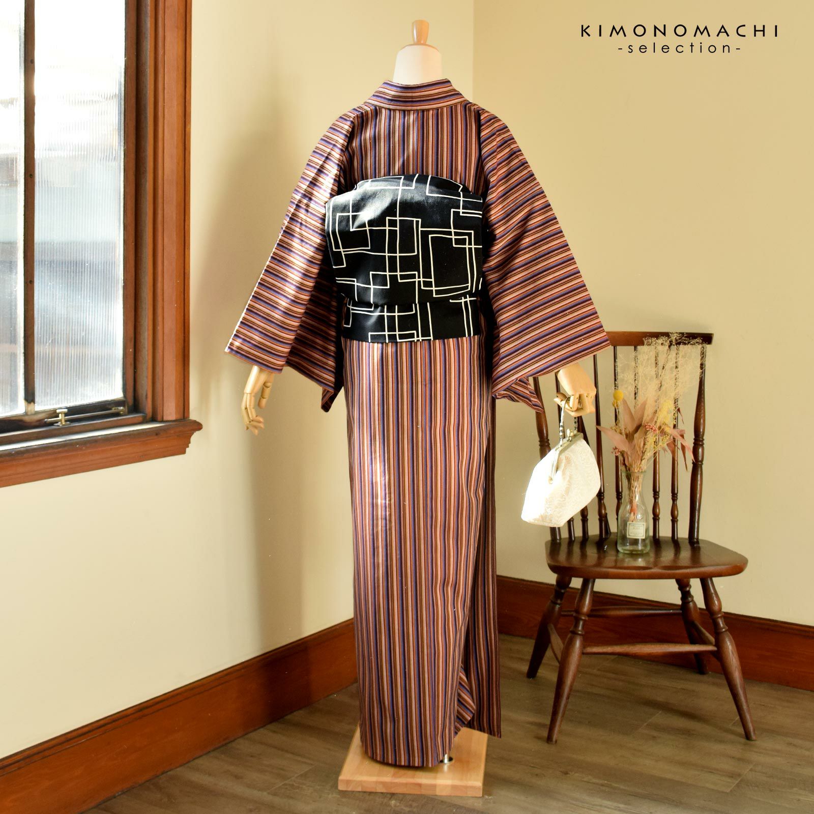 三河木綿 洗える着物 単品「赤茶、白、芥子、こげ茶、青藤色 縞」お