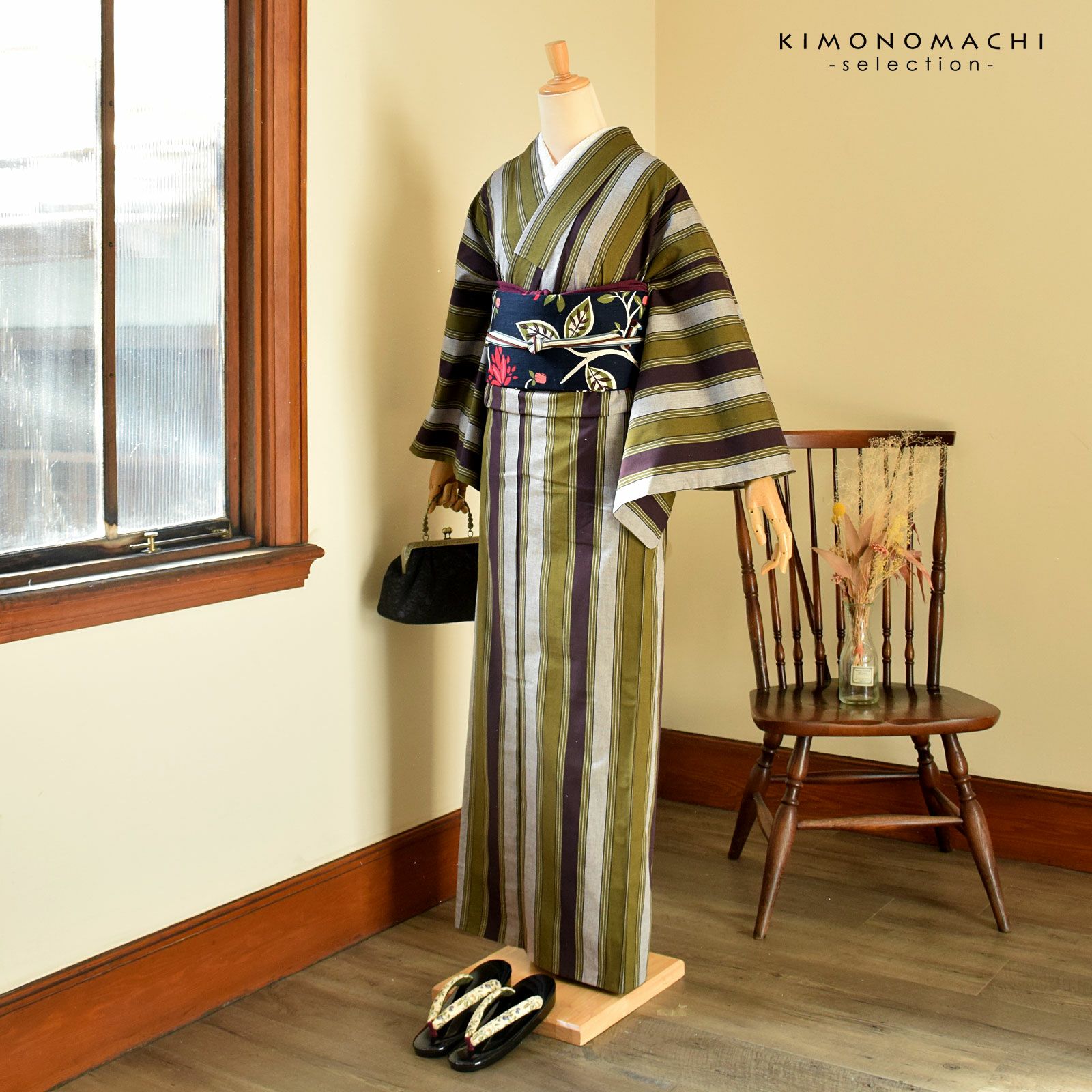 三河木綿 洗える着物 単品「鳶色、抹茶色、白 縞」お仕立て上がり 木綿