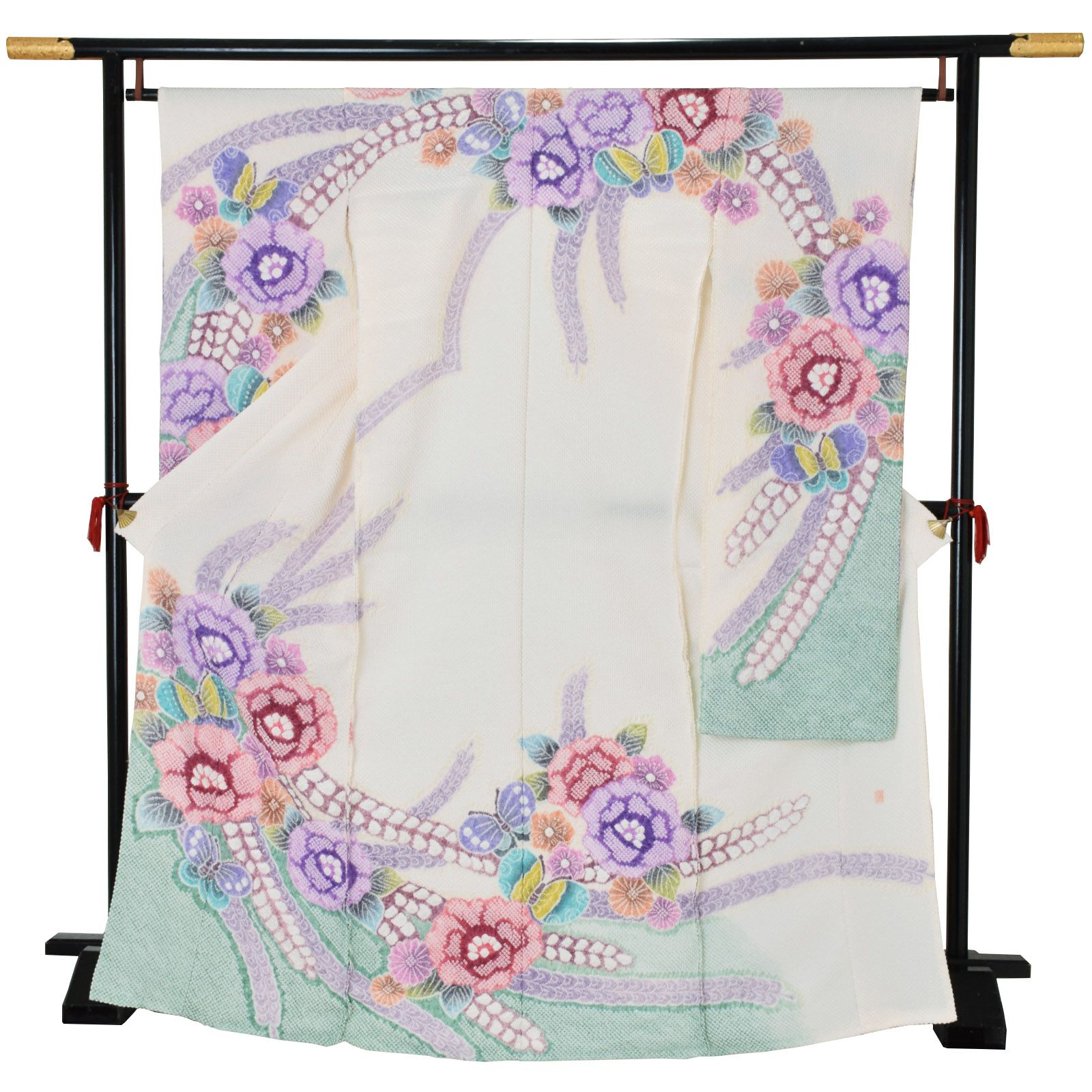 未仕立て 藤娘きぬたや 振袖 単品 「オフホワイト　花に蝶」 仮絵羽 絞り 正絹 ブランド 振り袖 着物 レディース 成人式 結婚式 結納 パーティー 晴れ着 日本製