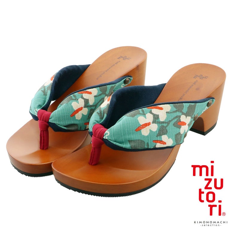 mizutori 下駄 レディース 「四葉とどくだみ　ターコイズブルー」 みずとり 水鳥 女性下駄単品 日本製 足が痛くなりにくい 履き心地の良い下駄 女下駄 女性 浴衣・夏着物に 浴衣下駄