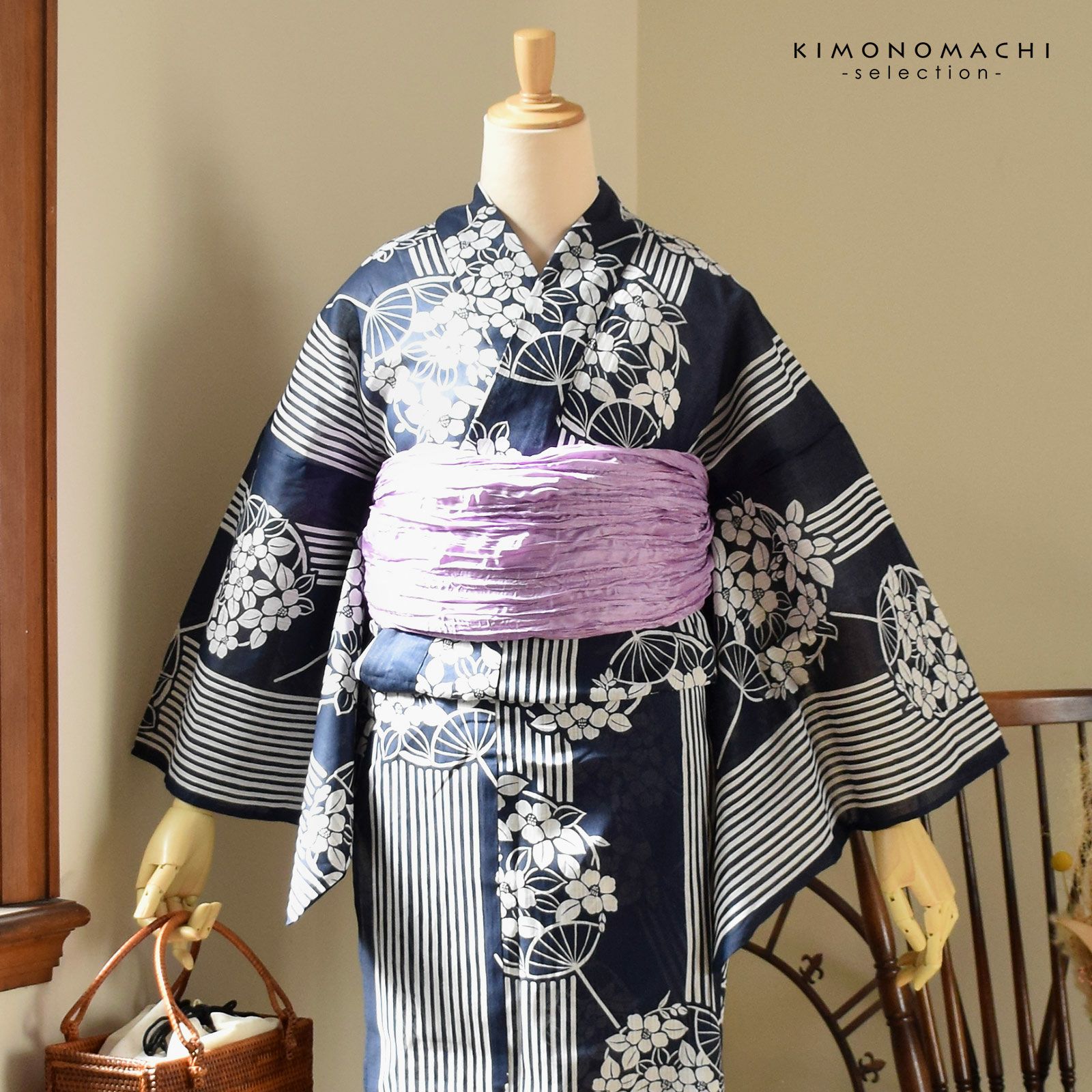 浴衣 レディース 単品 お仕立て上がり浴衣 プレタ「紺色 団扇」Fサイズ