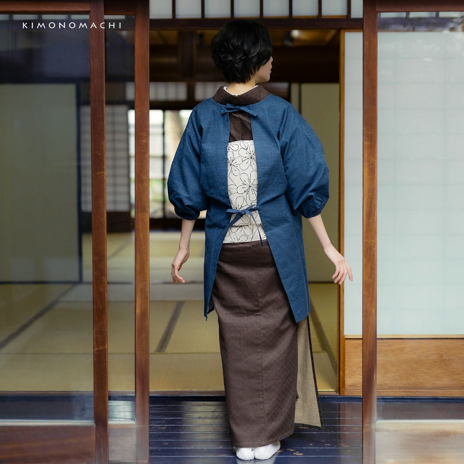 ロング丈 割烹着「濃藍 紬調」実用的 日本製 オシャレ かわいい 綿割烹