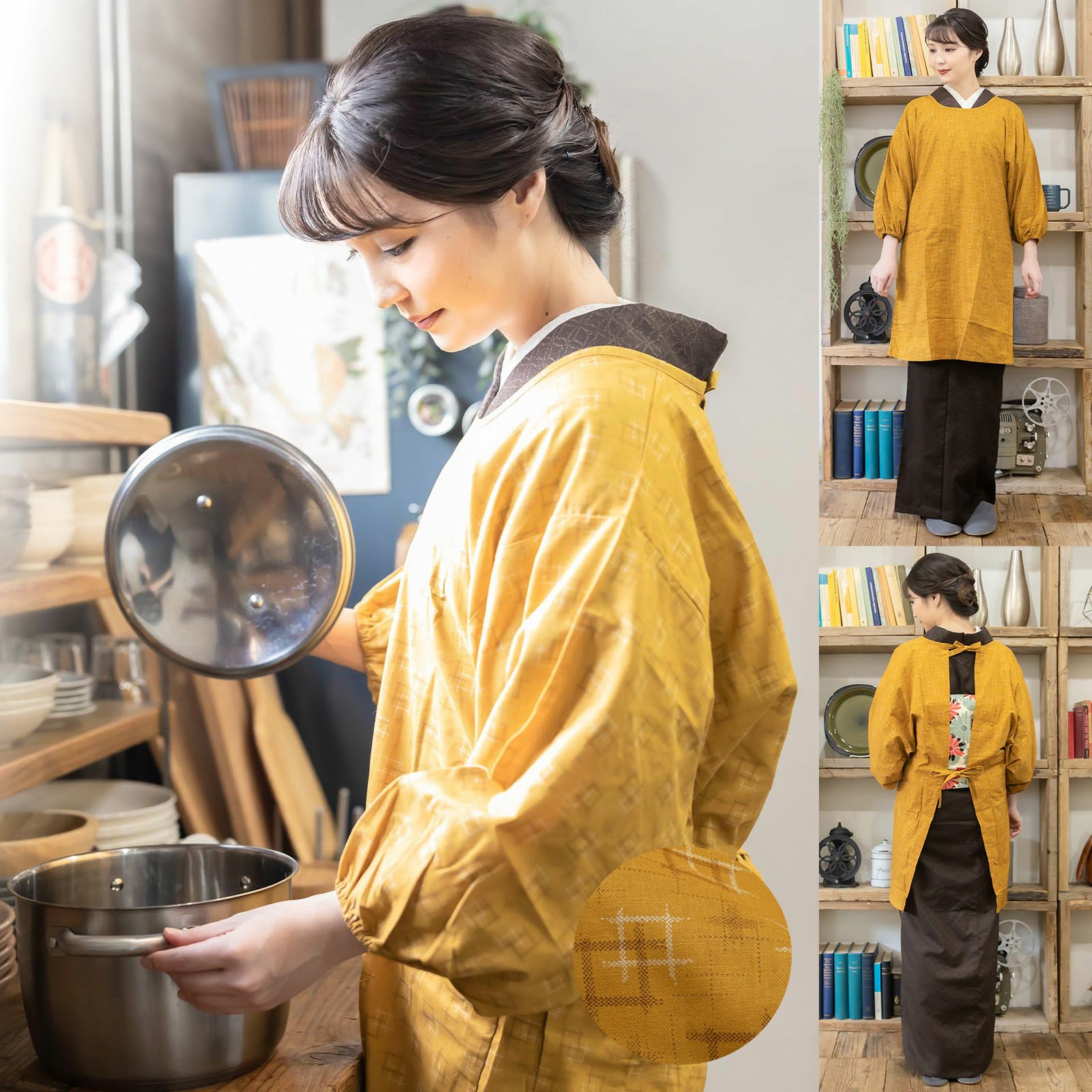 ロング丈 割烹着「七宝・絣風・紬調・スクエア 全7柄」実用的 日本製