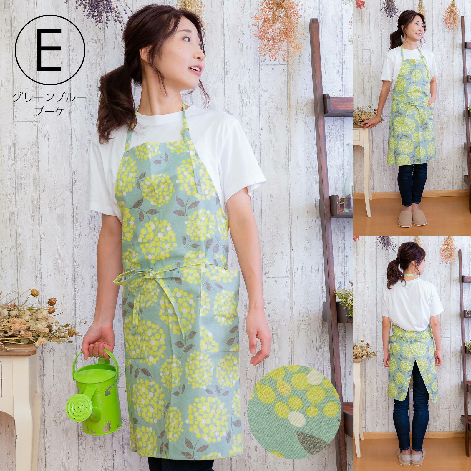 エプロン トートバッグ付き「白色フラワー 浅葱麻の葉 濃紺七宝