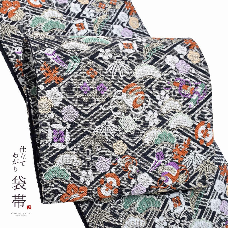 袋帯 礼装用袋帯 単品 ブランド帯 JAPAN STYLE ジャパンスタイル お仕立て上がり「黒　花菱に宝尽くし」フォーマル 六通柄 正絹帯 日本製 訪問着 留袖