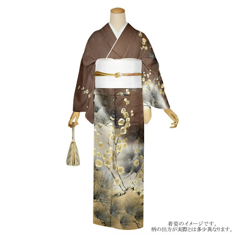仕立て上がり 訪問着 単品 桂由美 「焦茶　松に梅」 正絹 着物 ブランド訪問着 七五三 入学式 卒業式 卒園式 結婚式 お宮参り 母 ママ