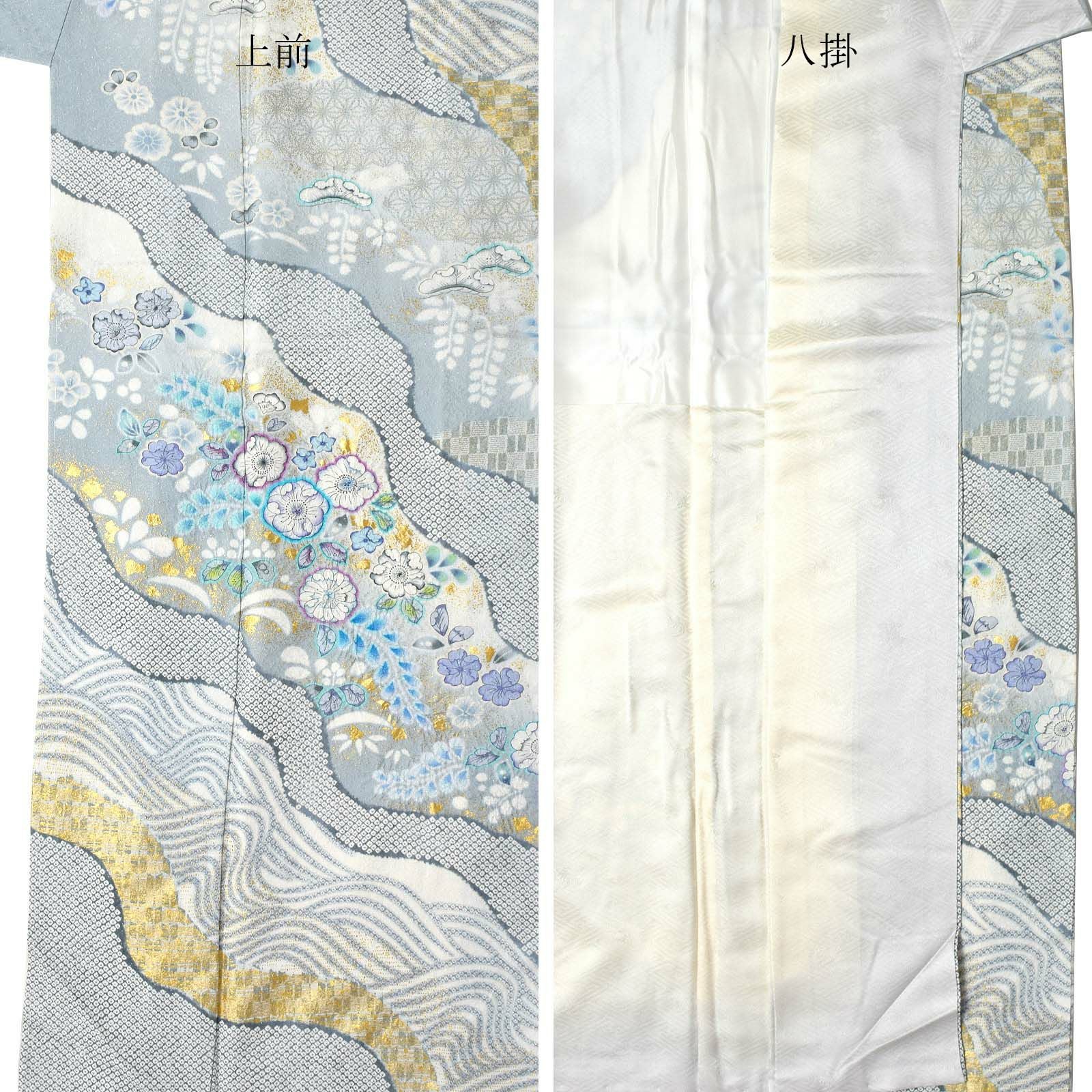 仕立て上がり 訪問着 単品 桂由美 「白 青灰色、道長取りに辻が花