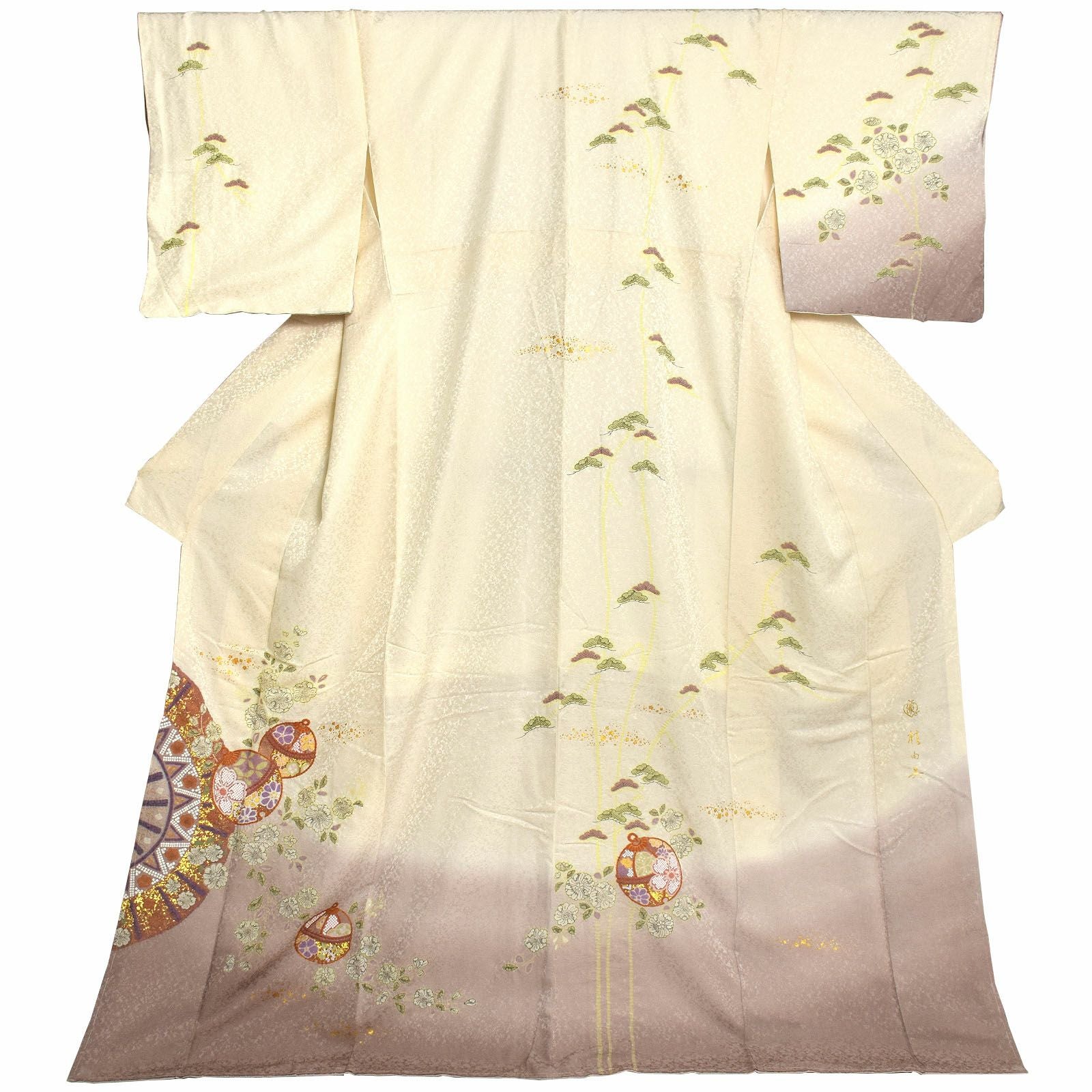 仕立て上がり 訪問着 単品 桂由美 「象牙色 辻が花に松、鈴」 正絹