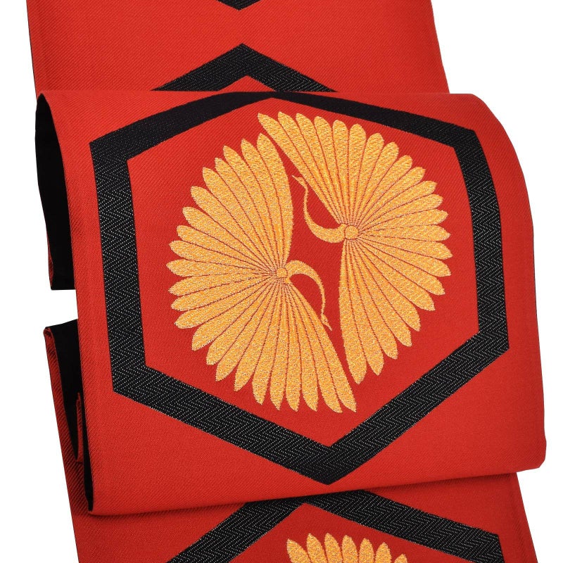 【中古品】仕立上がり 振袖用 袋帯 単品「朱赤　亀甲文に向かい鶴」仕立て上がり 振袖用 礼装用袋帯 六通柄 成人式 貸衣装処分 レンタル処分品