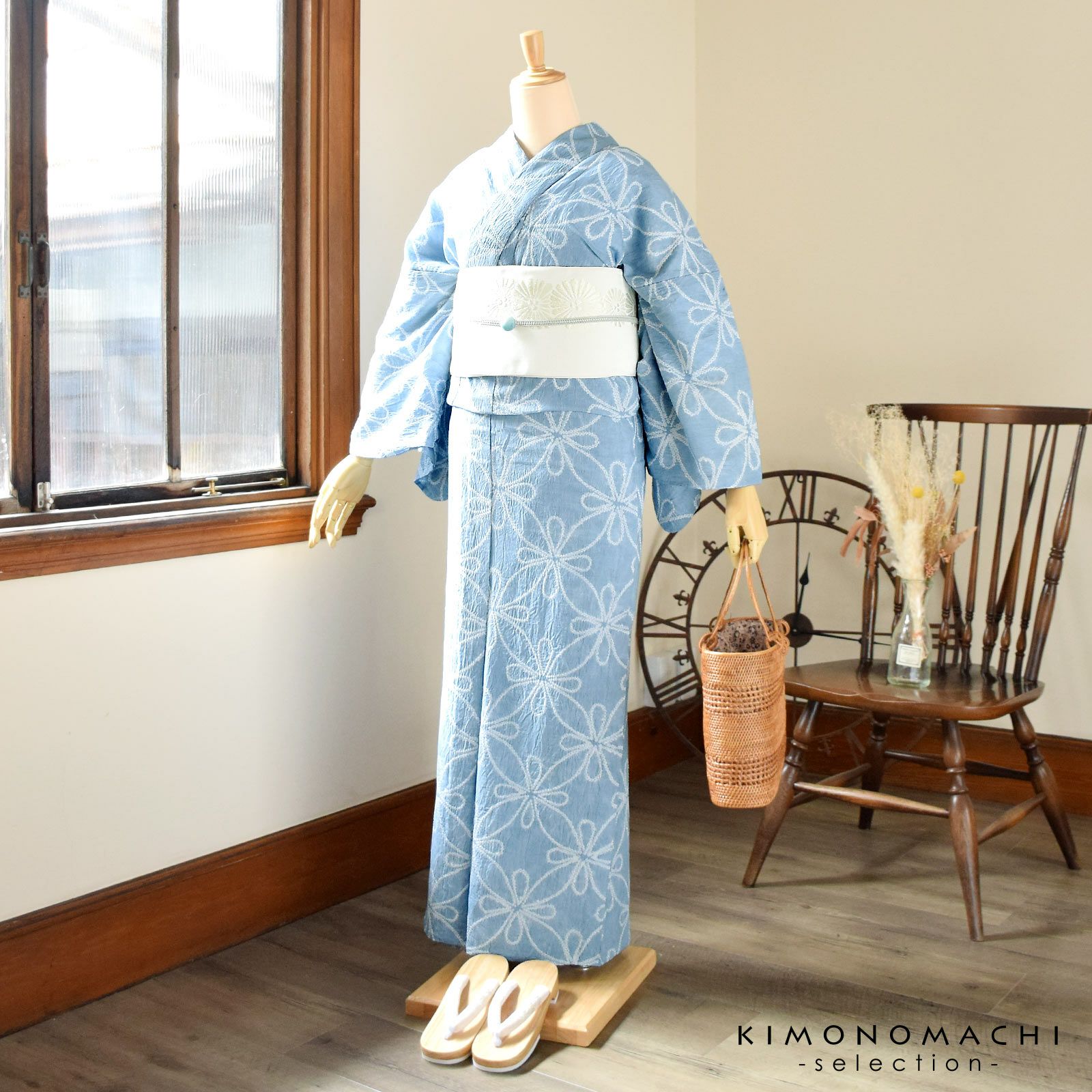 お仕立て上がり絞り浴衣単品「雪花もよう 青グレー」有松絞り 女性浴衣