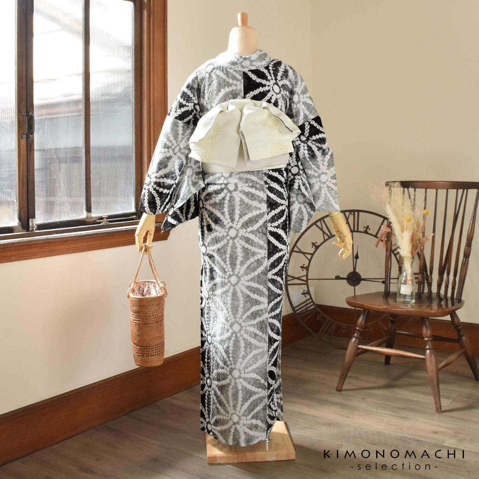 お仕立て上がり絞り浴衣単品「七宝 グレー黒」有松絞り 女性浴衣単品