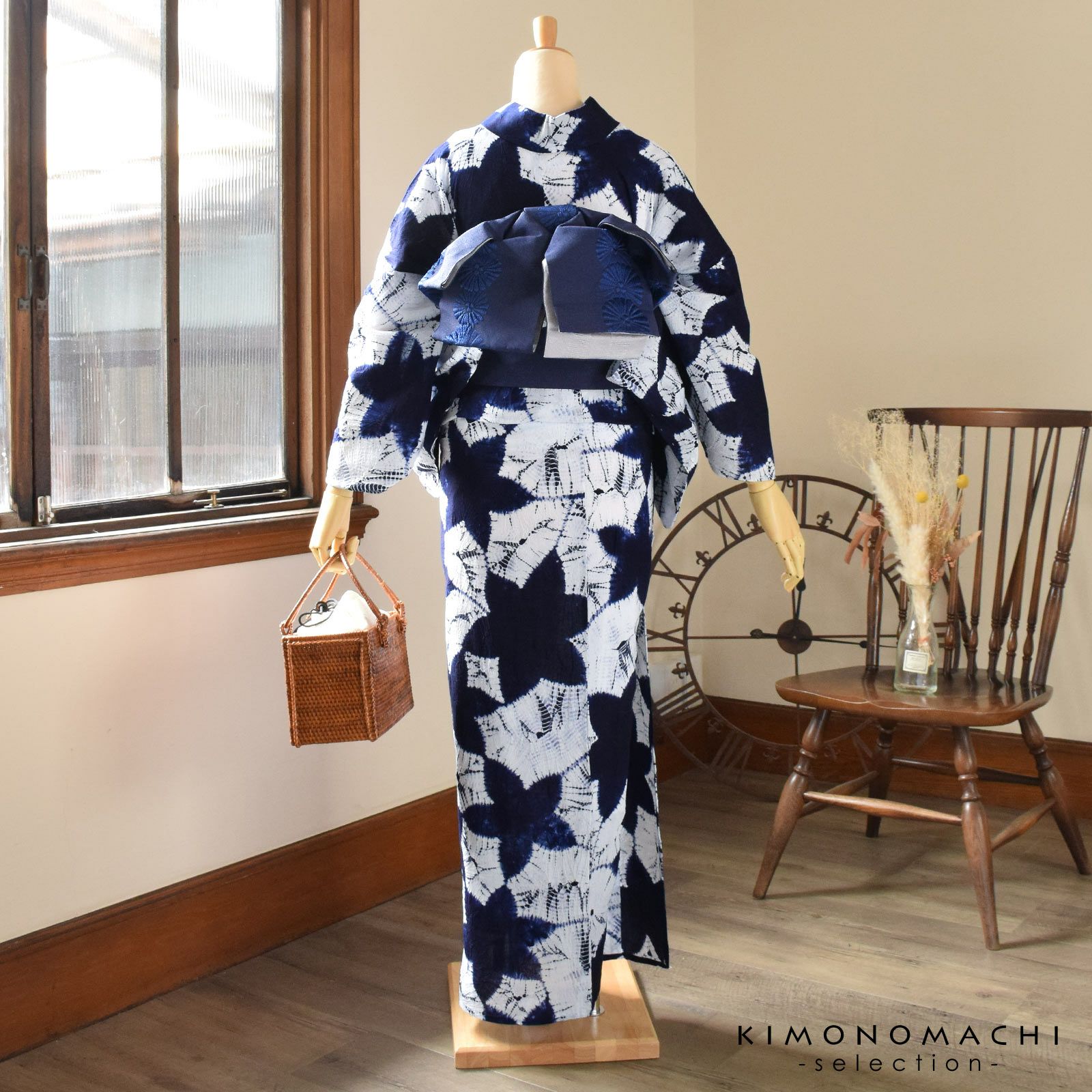 Prices down2】お仕立て上がり絞り浴衣単品「お花 紺」有松絞り 女性