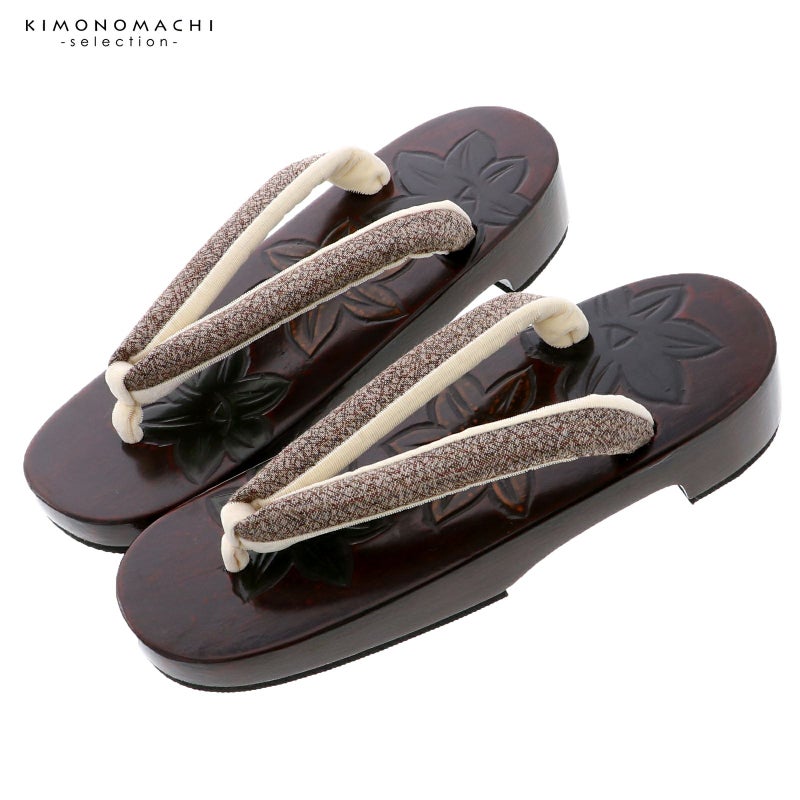 下駄 レディース 単品「鉄線　こげ茶、紬調」女性下駄単品 痛くなりにくい 日本製 鎌倉彫高級下駄 女下駄 女性 桐下駄 履物 浴衣 夏着物 浴衣下駄