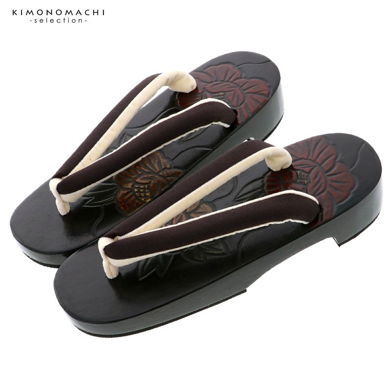 下駄 レディース 単品「牡丹　こげ茶、無地」女性下駄単品 痛くなりにくい 日本製 鎌倉彫高級下駄 女下駄 女性 桐下駄 履物 浴衣 夏着物 浴衣下駄