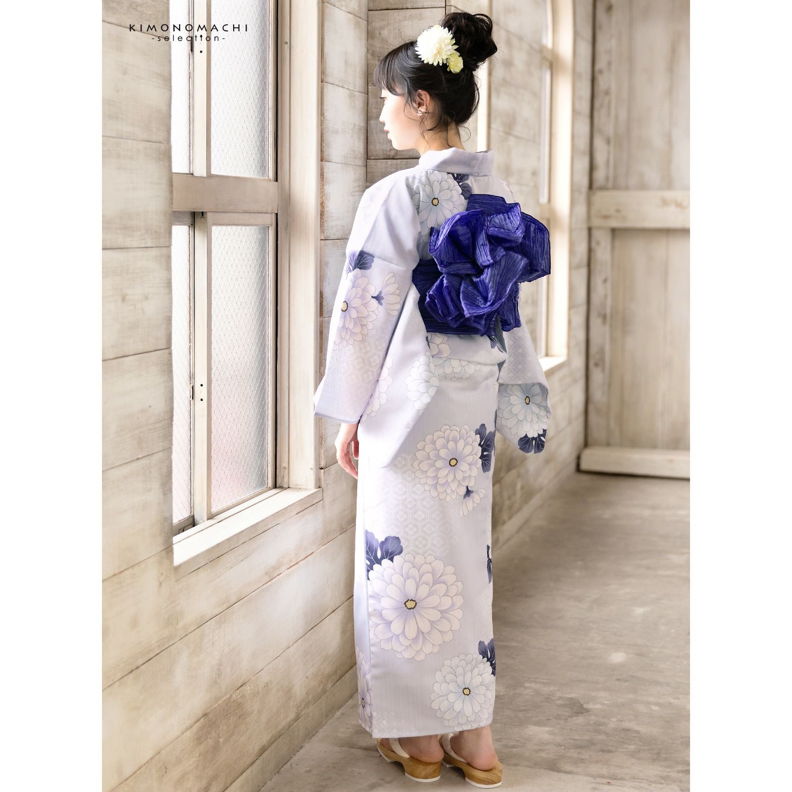 岡重OKAJIMA★菊に雪輪浴衣★紫 浴衣 レディース 女性浴衣単品「雪輪取りに八重菊」ポリエステル浴衣